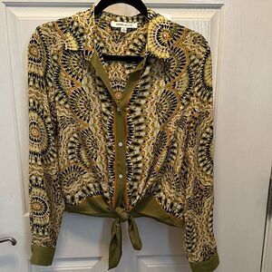 Rose & Olive Green Tan and Black Patterned Button Down Shirt Tie Front Blouse Sm
